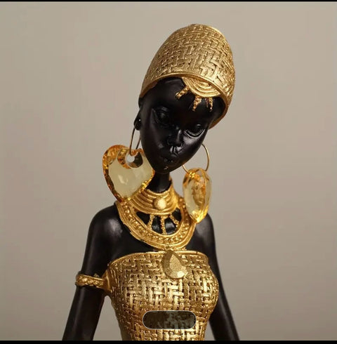 African Woman Prosperity Sculpture – Gold Woven Elegance