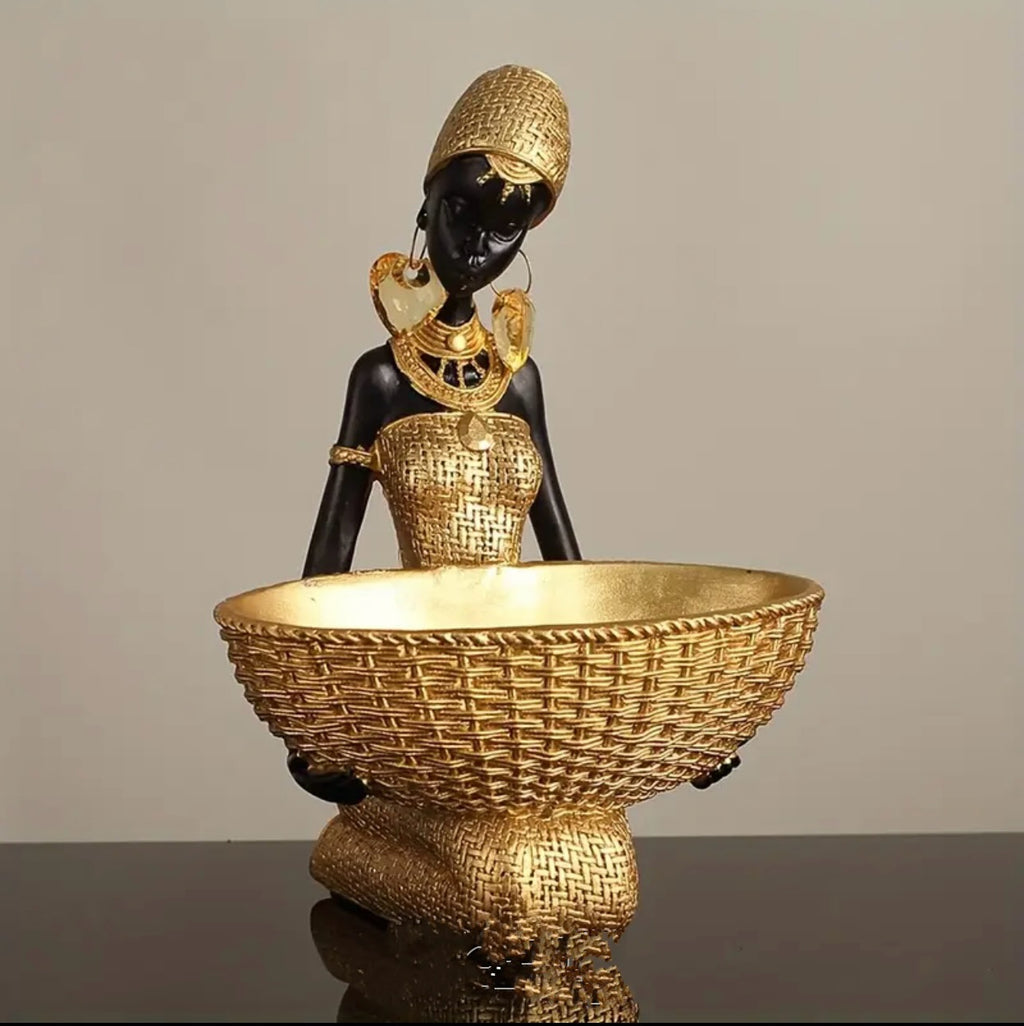 African Woman Prosperity Sculpture – Gold Woven Elegance